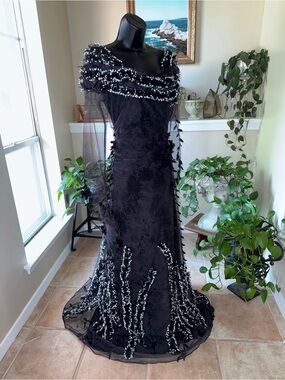 Vintage Craig Signer Black Whimsigoth Fairy Gown - Floral Applique Maxi Dress